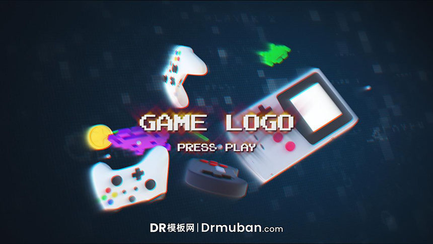 DR开场片头模板 复古游戏动态logo展示达芬奇模板下载-DR模板网